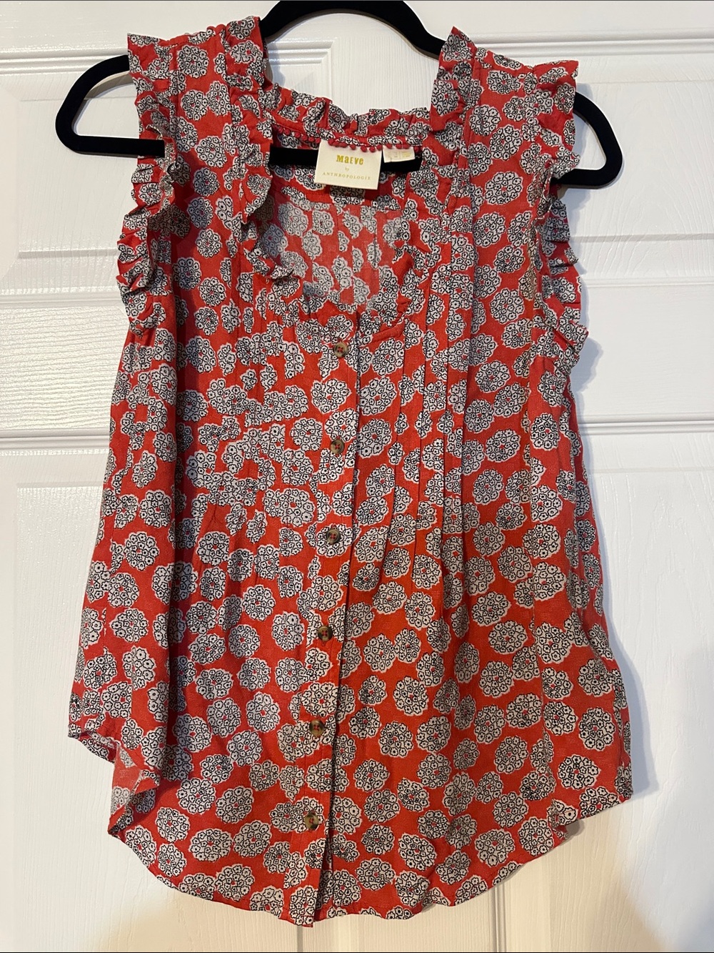Maeve Red/orange Floral Ruffle-Sleeve Button Front Blouse
